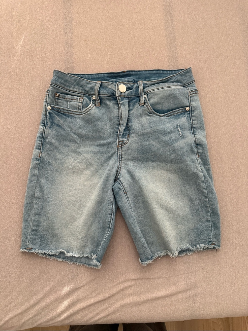 Stretch Mid-Rise Light Blue Denim Bermuda Shorts